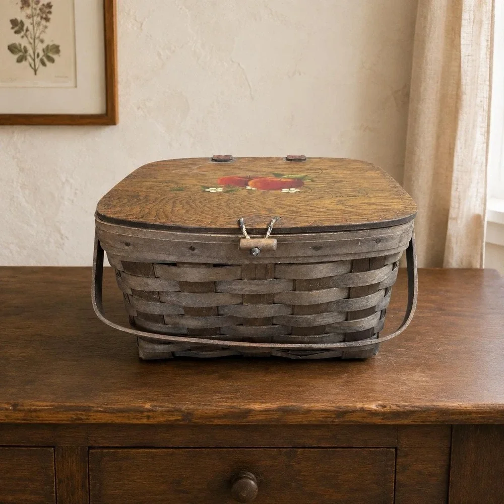 Vintage Apple Basket - Hand Painted Signed Beth Kankel 1981 Woven Picnic Basket